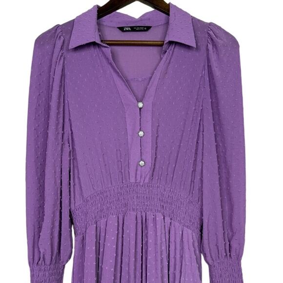 Zara Long Sleeve Ruffle Elastic Cuffs Flounced Hem 3 Buttons Mini Dress L Purple - Picture 4 of 15